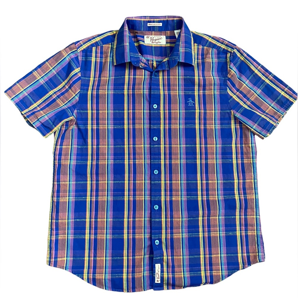 Original Penguin men’s blue plaid button down 100% cotton shirt - slim fit - L